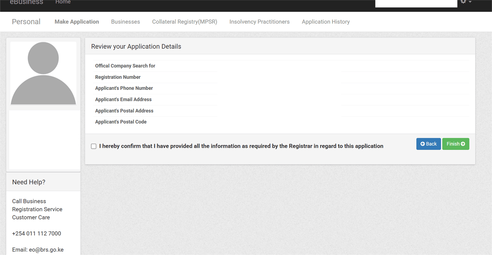 Screenshot of review and finish page on eCitizen before submitting request for an updated CR12 in Kenya.