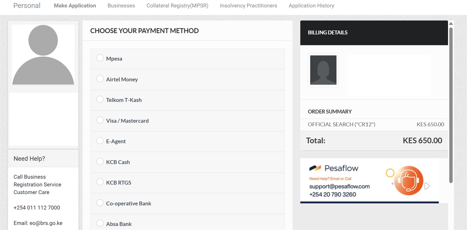 Screenshot of eCitizen payment options (M-Pesa, Airtel, Bank) to pay KES 650 and complete updated CR12 application in Kenya.