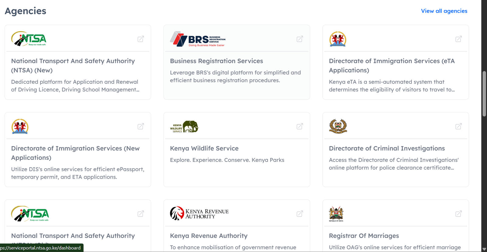 Screenshot of eCitizen Agencies section highlighting Business Registration Service (BRS) to request an updated CR12 in Kenya.