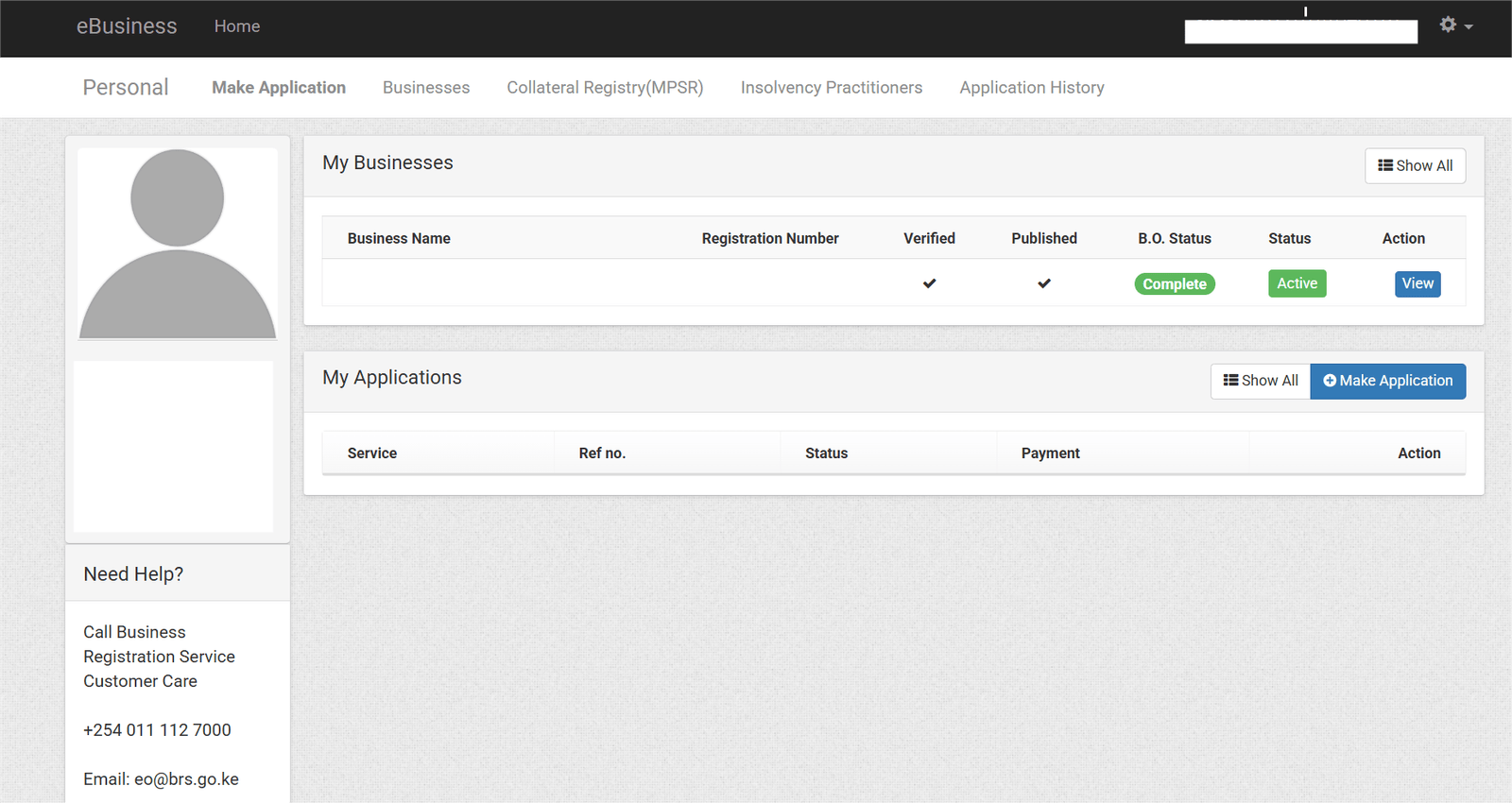 Screenshot of “My Businesses” dashboard on eCitizen for accessing company records and updated CR12 in Kenya.