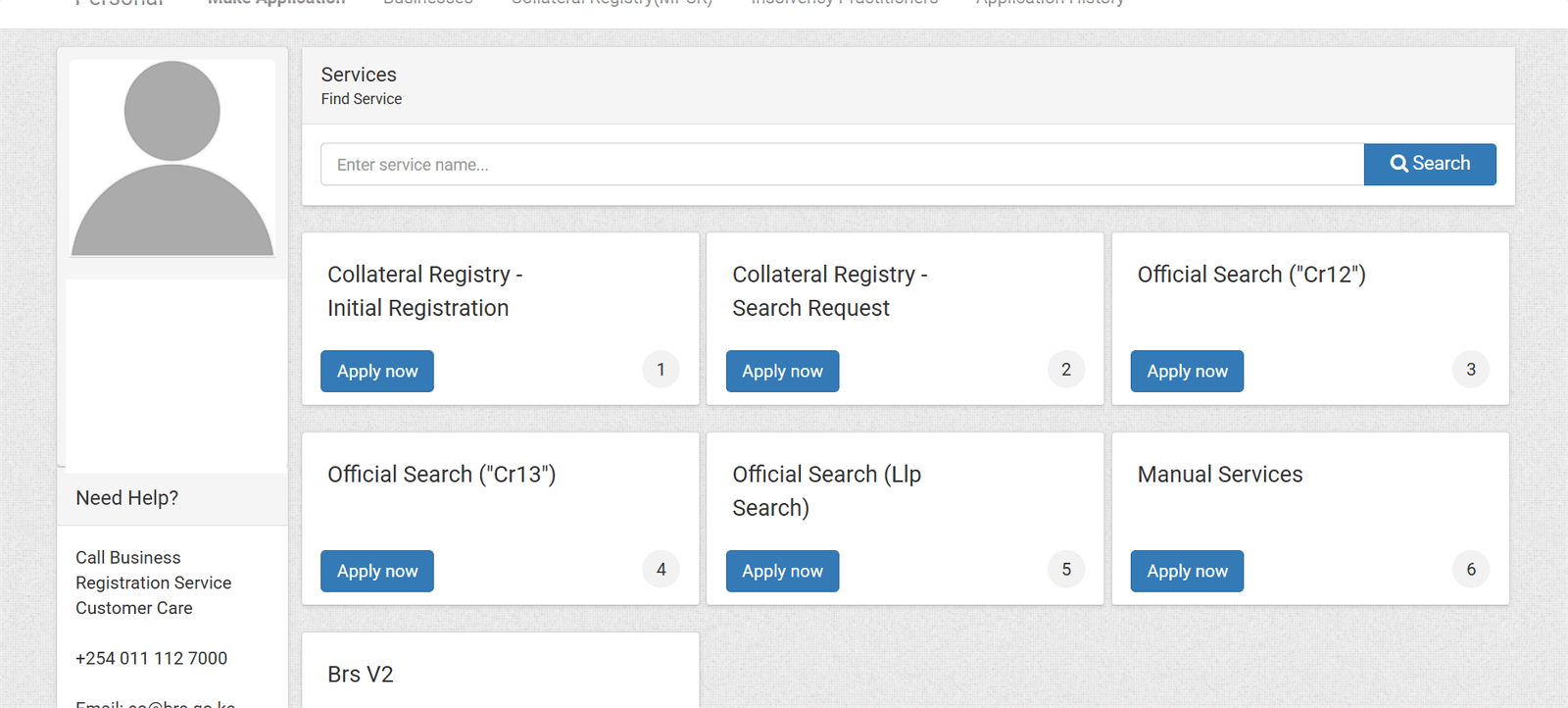 Screenshot of the selection page with “Official Search CR12” highlighted for requesting an updated CR12 in Kenya.