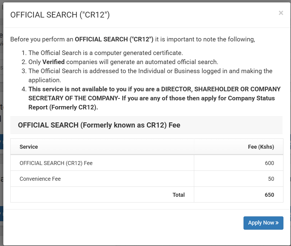 Screenshot of payment notice on eCitizen showing KES 650 fee for an updated CR12 in Kenya.