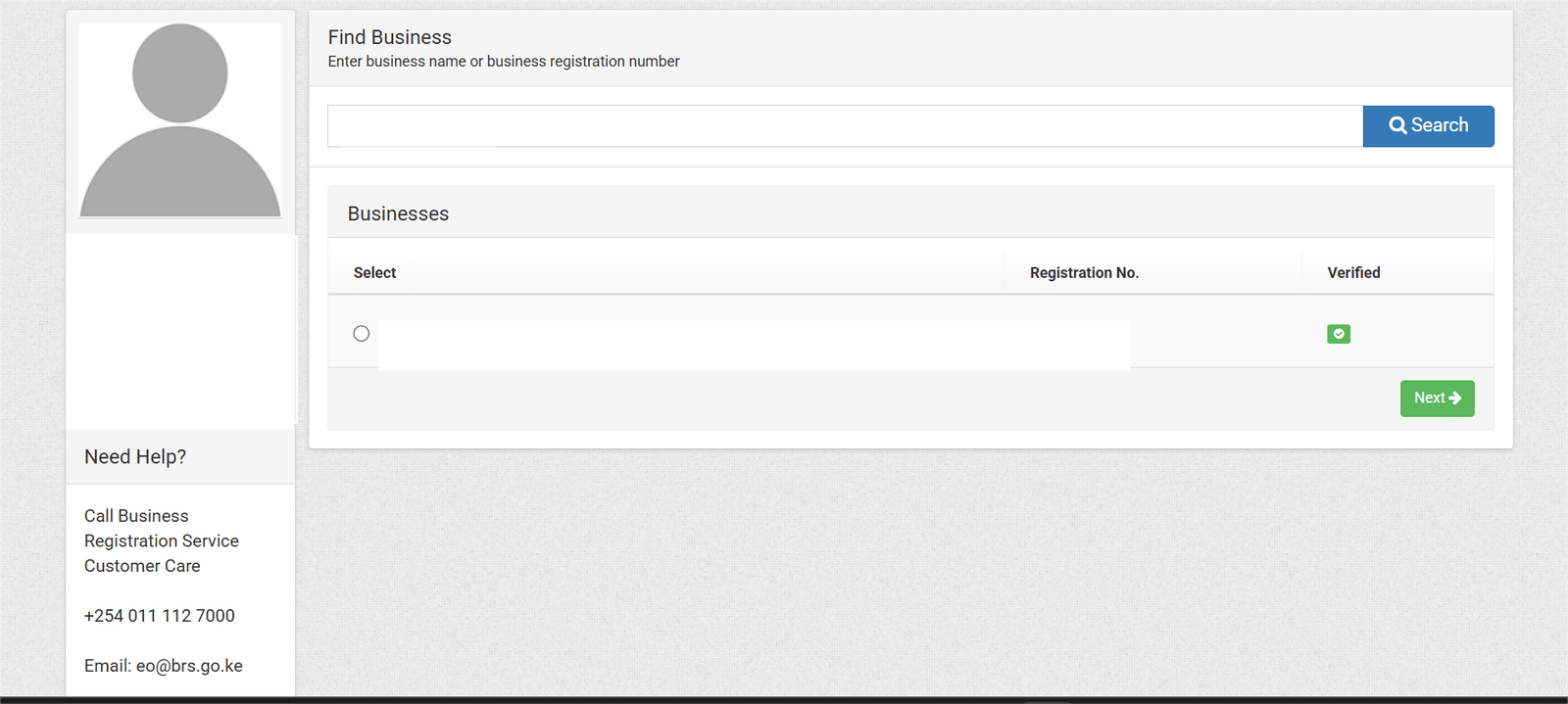 Screenshot showing company selection from search results on eCitizen for generating an updated CR12 in Kenya.