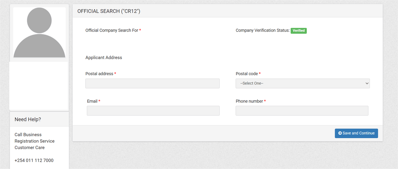 Screenshot of applicant details form on eCitizen including name, phone, postal code, and email to request an updated CR12 in Kenya.